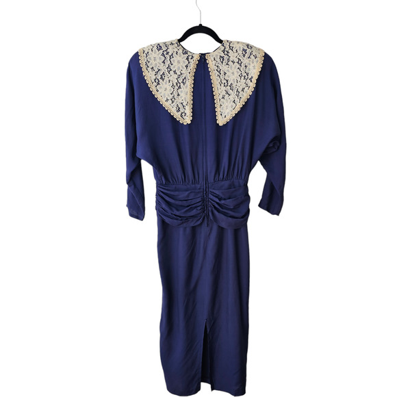Vintage 80s Nina Piccalino Dress navy dolman statement lace collar junior 5/6 - Picture 2 of 11